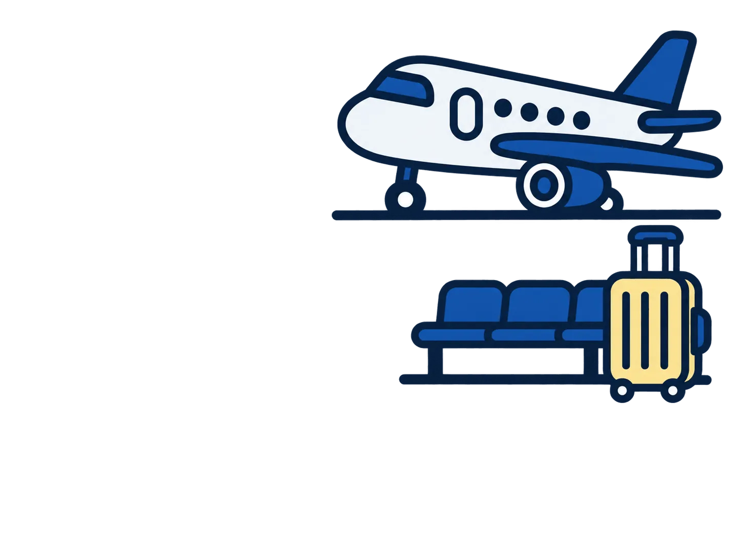 飛行機とスーツケース、ベンチのある空港の絵